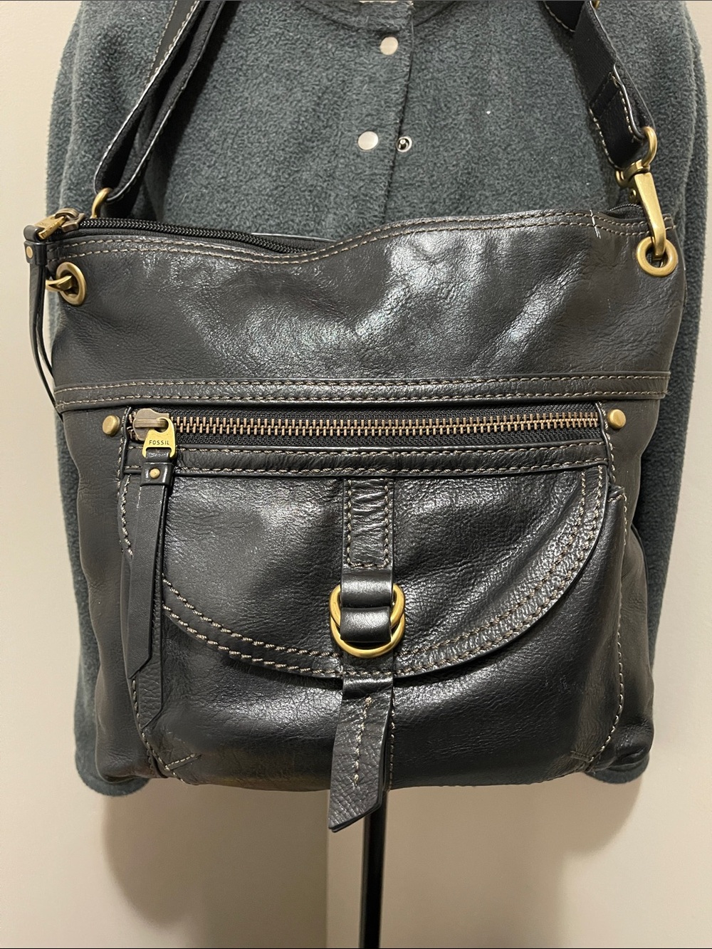 Fossil Black Leather Shoulder Crossbody with Goldtone Hardware